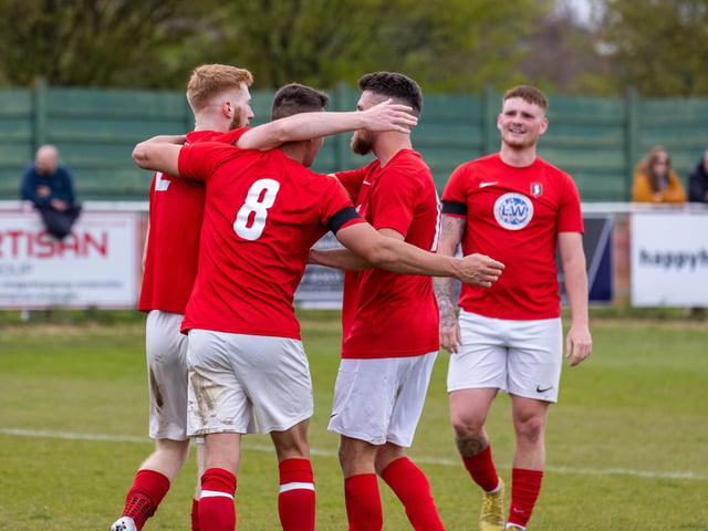 Gosport Town celebrate after scoring in their 4-0 victory over Lee Rangers in the Portsmouth & District FA Trophy final at Cams Alders. Picture: Alex Shute