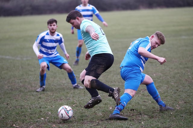 Old Boys Athletic v AC Copnor (blue/white hoops). Picture: Stuart Martin