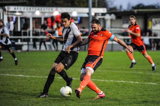 Brett Pitman scores one of his four goals in Portchester's 8-1 thrashing of Alresford. Picture by Daniel Haswell.