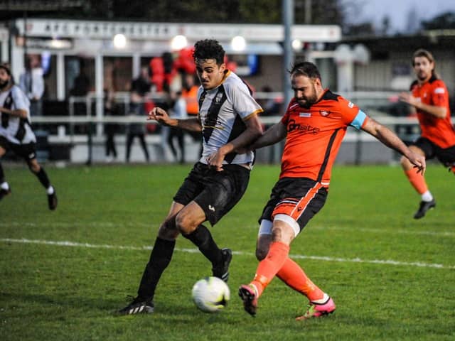 Brett Pitman scores one of his four goals in Portchester's 8-1 thrashing of Alresford. Picture by Daniel Haswell.