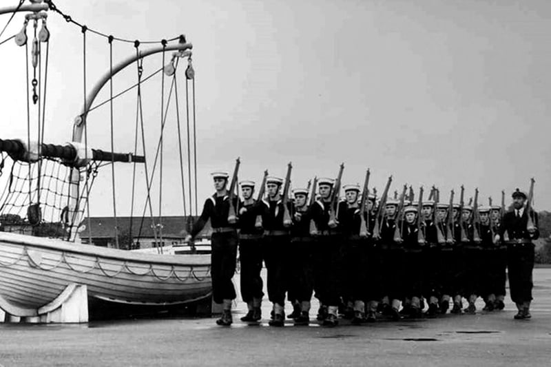 A winters day at HMS Collingwood and new entrants on drill training.