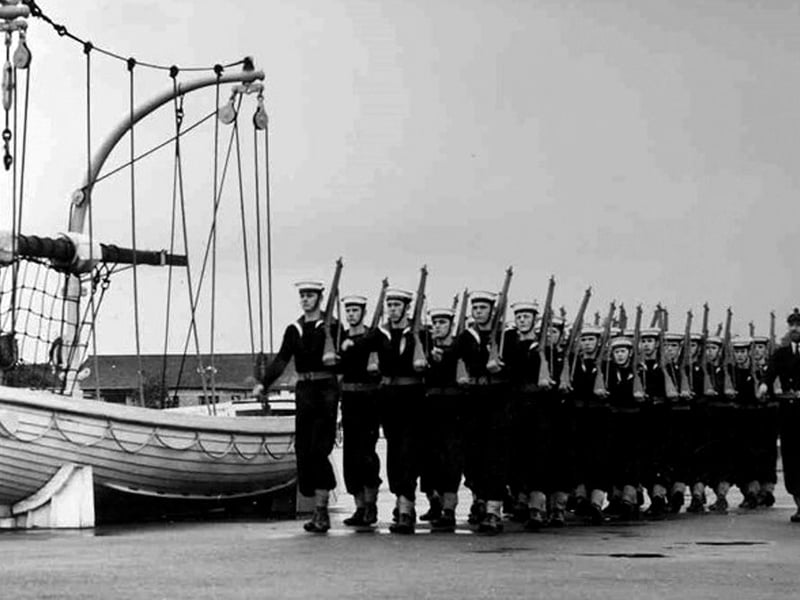 A winters day at HMS Collingwood and new entrants on drill training.