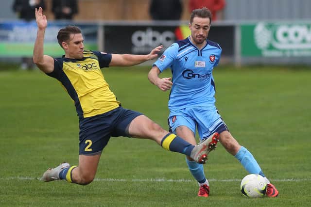 Joe Briggs, left, in action with Conor Bailey during Moneyfields' 5-3 Dover Road win against Portchester in November 2021. The Royals have only suffered one away league loss since then. Picture: Stuart Martin