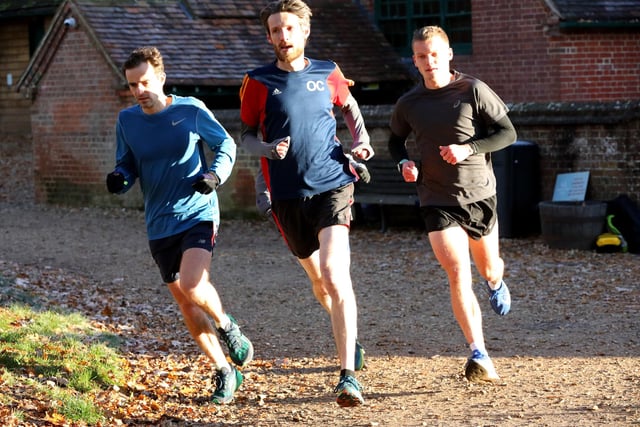 Three runners at Havant Parkrun, Staunton Country Park