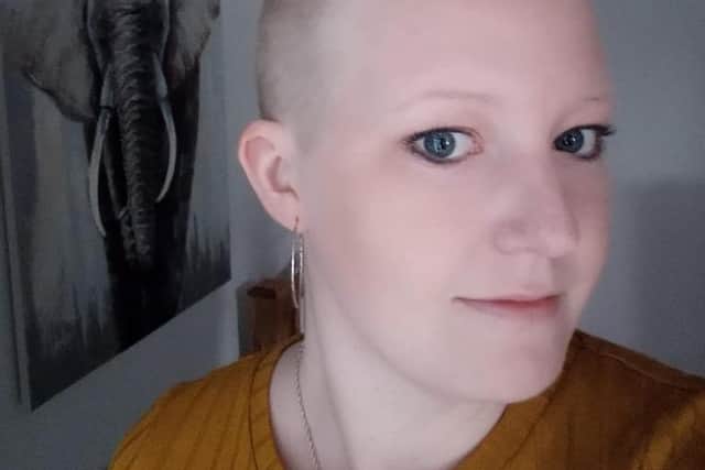 Jemma the day before starting chemotherapy, her children shaved her head so they didn't have to see her hair fall out