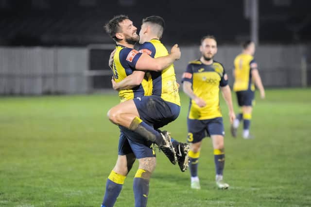 Josh Bailey, right, is overjoyed after Steve Hutchings netted one of his two goals. Picture: Dave Bodymore