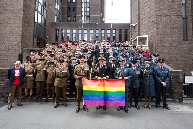 Armed forces personnel taking part in the London Gay Pride march in 2017.
Photographer: Sgt Rupert Frere RLC / MoD Crown