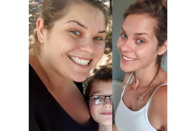 Jordie Rolfe from Waterlooville has lost 7stone 11lb in 60 weeks with Slimming World and has been nominated as her group's Woman of the Year. Pictured: Jordie before and after losing weight