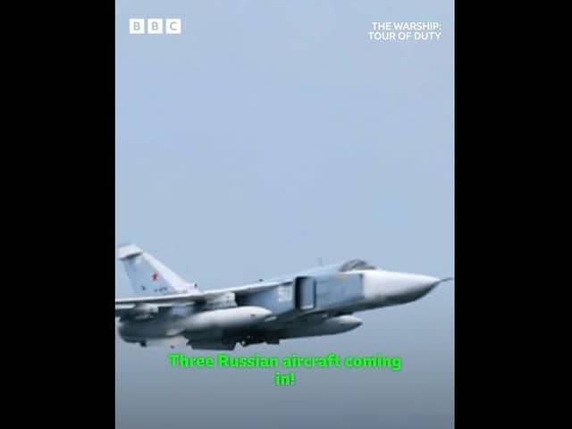 Footage from new BBC series The Warship: Tour of Duty shows the moment Russian jets appear to threaten HMS Queen Elizabeth. Credit: BBC