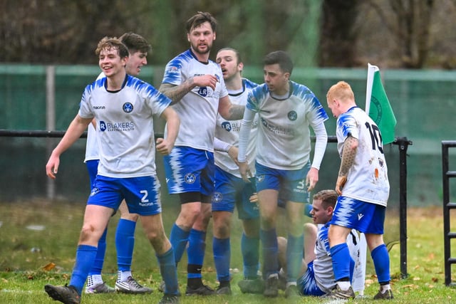 Clanfield celebrate Olly Long's late winner at Andover New Street Swifts. Picture by Richard Murray