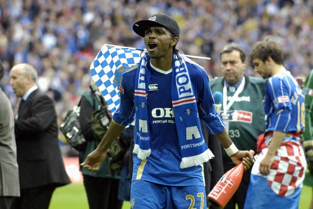 Kanu celebrates Pompey's 2008 FA Cup winner following his winner against Cardiff