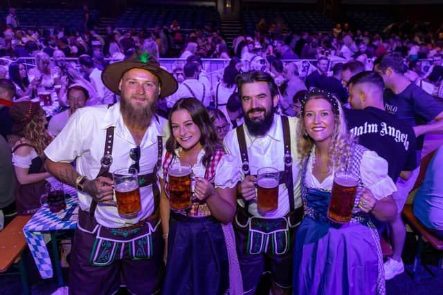 Visiting the Oktoberfest from Gosport. Pictured: Tom Walla 29, Becky Long 27, Sam Smith 30 and Olivia Thomas 28. Picture: Mike Cooter (240922)