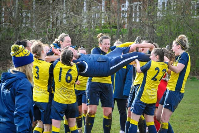 Moneyfields celebrate their Southern Regional League Premier Division title win at Woodley with manager Karl Watson, whose 48th birthday was the following day. Picture: Dave Bodymore.