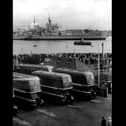 Provincial buses lined up at Gosport Ferry Gardens as HMS Vanguard leaves Portsmouth Habour for the last time in August 1960