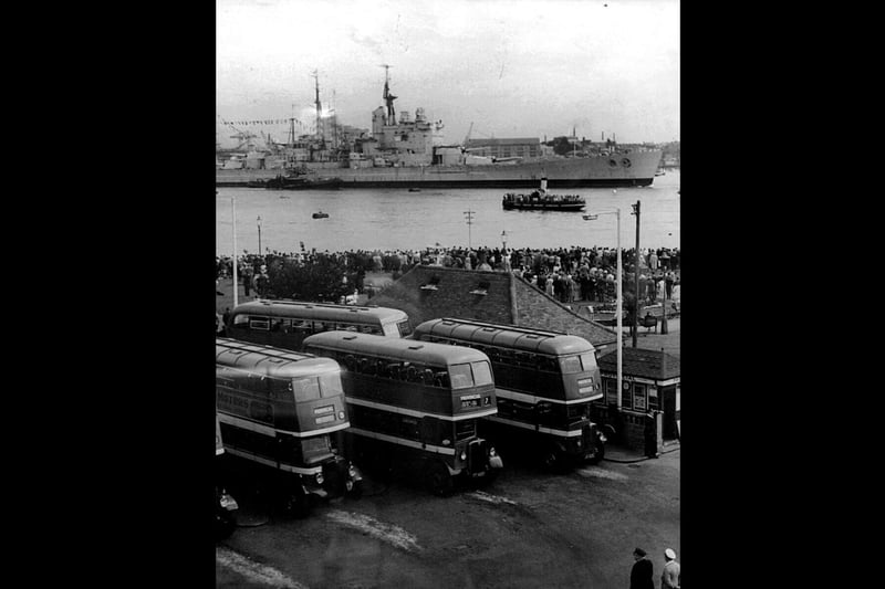 Provincial buses lined up at Gosport Ferry Gardens as HMS Vanguard leaves Portsmouth Habour for the last time in August 1960