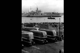 Provincial buses lined up at Gosport Ferry Gardens as HMS Vanguard leaves Portsmouth Habour for the last time in August 1960