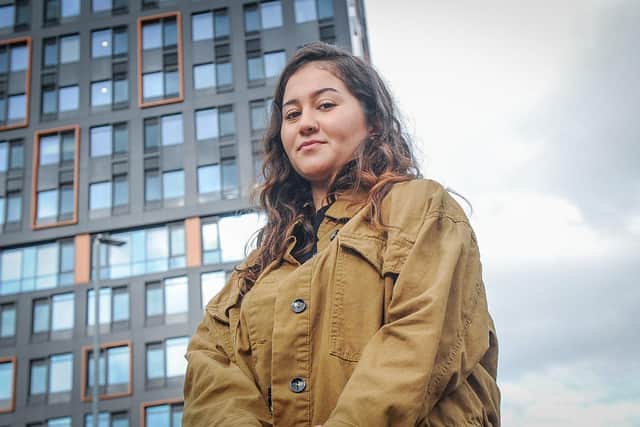 Destiny Karakus outside Stanhope House, Portsmouth, where she campaigned with students who could not move in last year as it had not been completed. Picture: Habibur Rahman