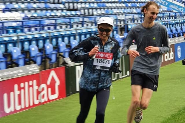 Libby Higgins, 19 from Waterlooville, took on the virtual London Marathon in honour of her friend who has leukaemia. Pictured: Libby completing the final 5km with her friend Peter Dawes
