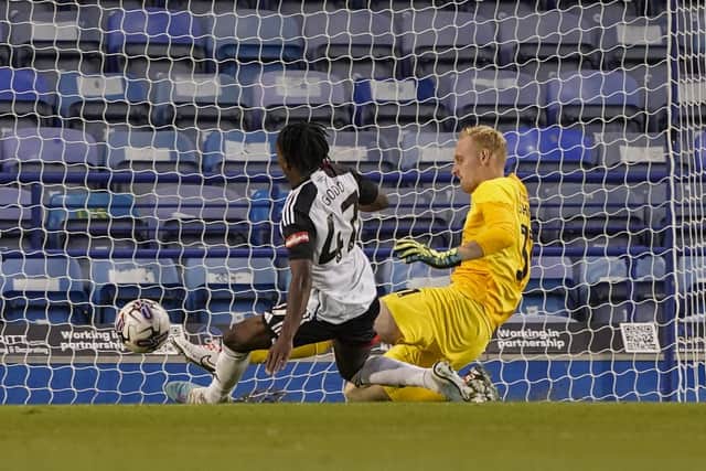Ryan Schofield's mistake is capitalised on by Martial Godo for Fulham Under-21s' second goal in the 3-3 EFL Trophy clash. Picture: Jason Brown/ProSportsImages