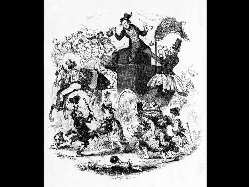 Samuel Pickwick travels by coach with Bob Sawyer in a scene from Charles Dickens's first novel 'The Pickwick Papers', published as a serial from 1836 to 1837. Illustration by Phiz (Hablot Knight Browne, 1815 - 1882). (Photo by Hulton Archive/Getty Images)