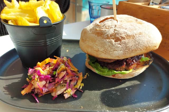 The Southsea Beach Cafe burger, coleslaw and fries.