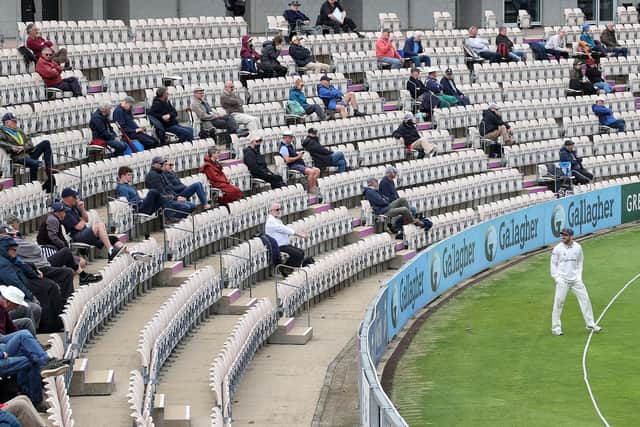 Lewis Hill of Leicestershire chats with Hampshire fans on the boundary during the LV=Insurance County Championship match at The Ageas Bowl today. Photo by Warren Little/Getty Images.