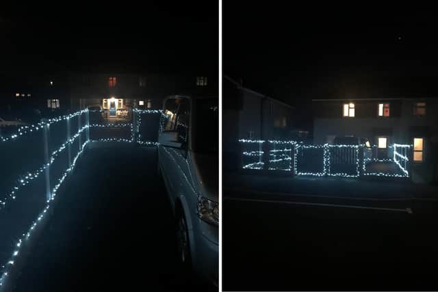 Angie Kennedy from Waterlooville has set up a Facebook group called #Hit The Switch to encourage people to light up their neighbourhoods.. Pictured: Jo Harris from Leigh Park has lit her house up blue for the NHS and autism awareness