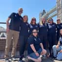 University of Portsmouth scientists with rowers from Team Ithaca before the team set off from Tower Bridge