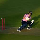 Jack Davies of Middlesex is bowled by Hampshire debutant Nathan Ellis. Photo by Alex Davidson/Getty Images.