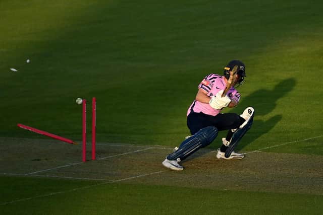 Jack Davies of Middlesex is bowled by Hampshire debutant Nathan Ellis. Photo by Alex Davidson/Getty Images.