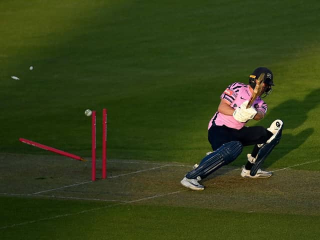 Jack Davies of Middlesex is bowled by Hampshire debutant Nathan Ellis. Photo by Alex Davidson/Getty Images.