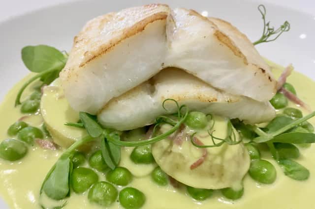 Brill with pea and ham sauce