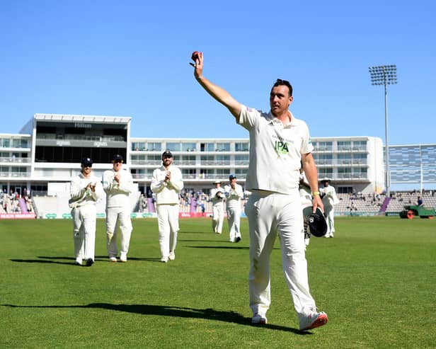 Kyle Abbott walks off after taking nine wickets during the first innings of Hampshire's Championship win against Somerset in September 2019. He was to take eight more in the second innings. Photo by Alex Davidson/Getty Images.