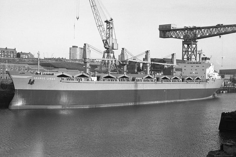 The 35,750 tonne bulk carrier George Lyras, built by Sunderland Shipbuilders, sailing from the Wear on her maiden voyage in January 1984.
