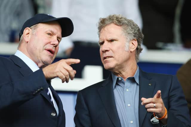 Pompey chairman Michael Eisner along side Will Farrell at Fratton Park
