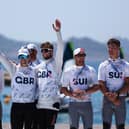 Hayling's James Peters and Robert Sterritt of Team GB attend the team presentations following the Men's Skiff Men's Skiff 49er class Medal Race in Marseille. Picture: Alex Livesey/Getty Images