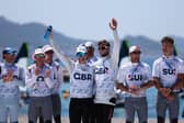 Hayling's James Peters and Robert Sterritt of Team GB attend the team presentations following the Men's Skiff Men's Skiff 49er class Medal Race in Marseille. Picture: Alex Livesey/Getty Images