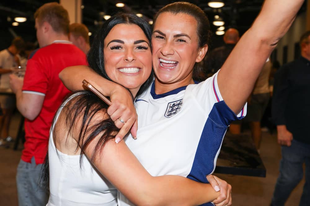 Celebrations at full-time. Fans watch Netherlands v England, UEFA Euros 2024 semi-final played in Dortmund, at Village Hotel, Lakeshore Drive, Cosham
Picture: Chris  Moorhouse (100724-110)