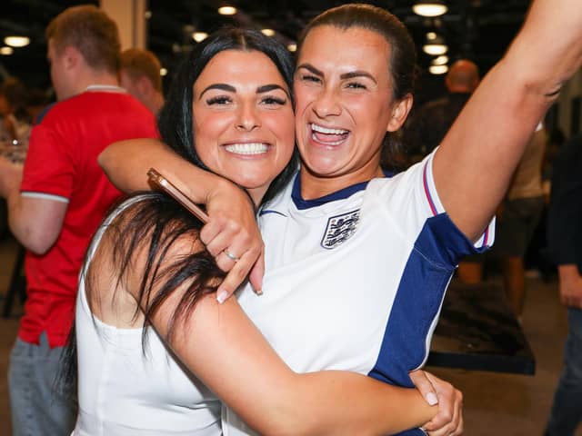 Celebrations at full-time. Fans watch Netherlands v England, UEFA Euros 2024 semi-final played in Dortmund, at Village Hotel, Lakeshore Drive, Cosham
Picture: Chris  Moorhouse (100724-110)