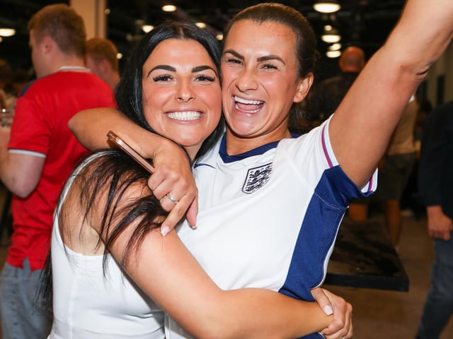 Celebrations at full-time. Fans watch Netherlands v England, UEFA Euros 2024 semi-final played in Dortmund, at Village Hotel, Lakeshore Drive, CoshamPicture: Chris  Moorhouse (100724-110)