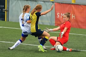 Moneyfields keeper Emma Dillon blocks a Hawks shot. Picture by Dave Haines