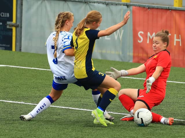 Moneyfields keeper Emma Dillon blocks a Hawks shot. Picture by Dave Haines
