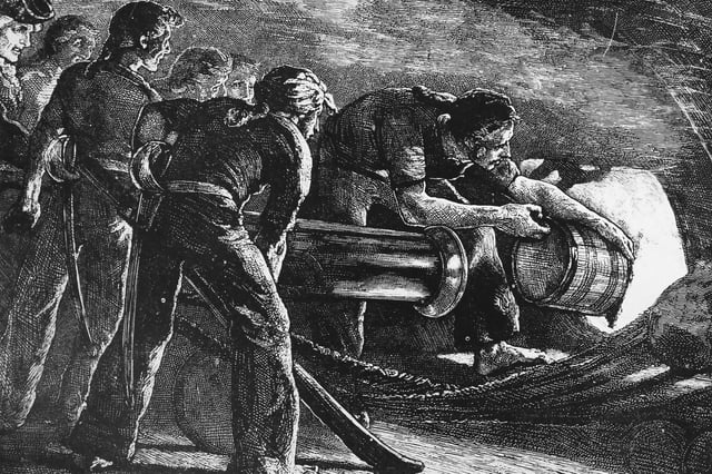 Sailors loading a cannon in HMS Victory while at close quarters with the French ship Redoutable at the Battle of Trafalgar. Picture: Hulton Archive/Getty Images.