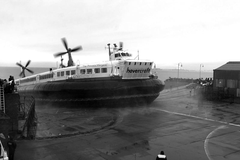 The former cross channel hovercraft Princess Margaret arrives at HMS Daedalus at Lee-on-the-Solent.