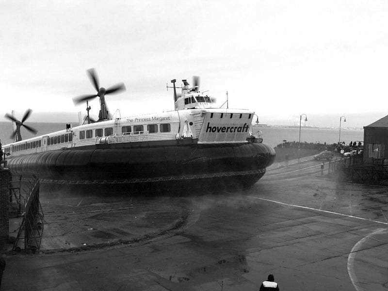 The former cross channel hovercraft Princess Margaret arrives at HMS Daedalus at Lee-on-the-Solent.