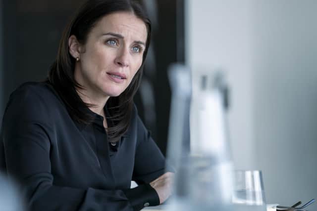 Vicky McClure's high-powered lawyer Emma takes a meeting in the new drama Insomnia (Picture: Paramount+/Channel 5)