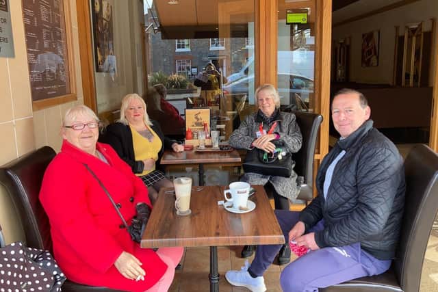 L TO R: Necia Bloom, 71, with her friend Rachel Preston, 49, Rachels mum Lesley Pack, 74, and brother Gary Pack, 59, enjoying a coffee at Stones in West Street, Fareham.
Picture: Kimberley Barber