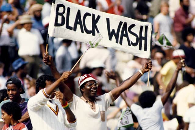 Flashback to 1984 and West Indies fans celebrate their team's 5-0 series 'Black Wash' at The Oval. Photo by Allsport/Getty Images.