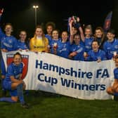 Pompey Women celebrate retaining the Hampshire Senior Cup at AFC Totton in 2019. Picture: Jordan Hampton.