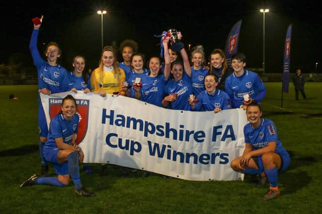 Pompey Women celebrate retaining the Hampshire Senior Cup at AFC Totton in 2019. Picture: Jordan Hampton.